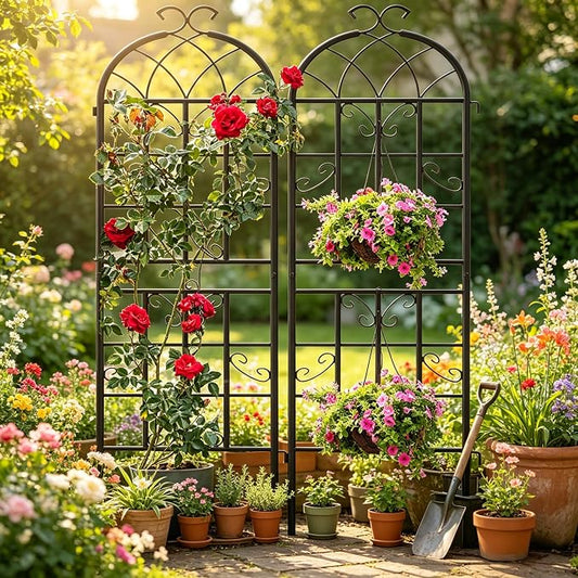 2-Pack 71" Black Metal Garden Trellises with Butterfly Design | Black metal trellises with butterfly arch design, scrollwork, spiked legs, and vertical support for roses, vines, or veggies