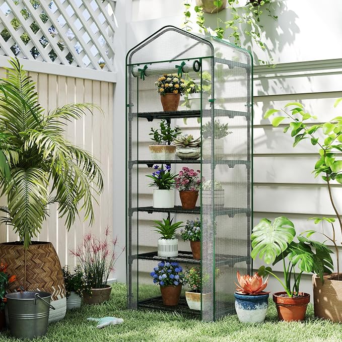 Giantex Mini Greenhouse Indoor Outdoor, 27" x 19" x 75" Portable Plant Grow House with 5 Tier Shelves, PE Cover, Roll-Up Zipper Door, Rustproof Elector-Coating Metal Frame for Patio Balcony Garden