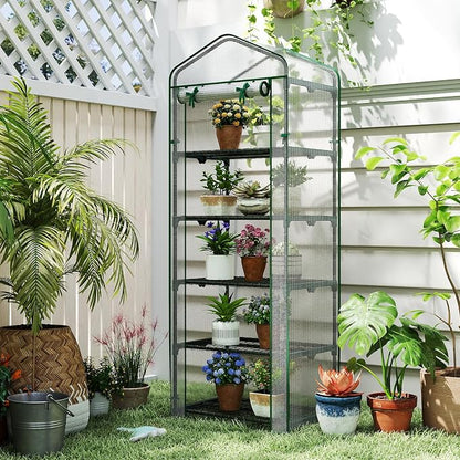 Giantex Mini Greenhouse Indoor Outdoor, 27" x 19" x 75" Portable Plant Grow House with 5 Tier Shelves, PE Cover, Roll-Up Zipper Door, Rustproof Elector-Coating Metal Frame for Patio Balcony Garden