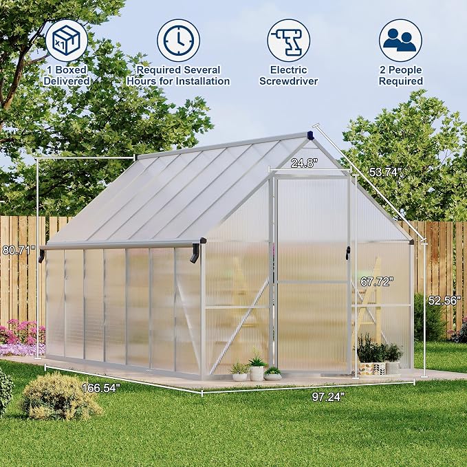 GarveeLife 8X14FT Polycarbonate Greenhouse with Aluminum Frame, Polycarbonate Greenhouse for Outdoors, Greenhouses with Ventilation and Rain Gutter, Aluminum Large Walk-in Greenhouses for Outside