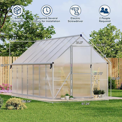 GarveeLife 8X14FT Polycarbonate Greenhouse with Aluminum Frame, Polycarbonate Greenhouse for Outdoors, Greenhouses with Ventilation and Rain Gutter, Aluminum Large Walk-in Greenhouses for Outside