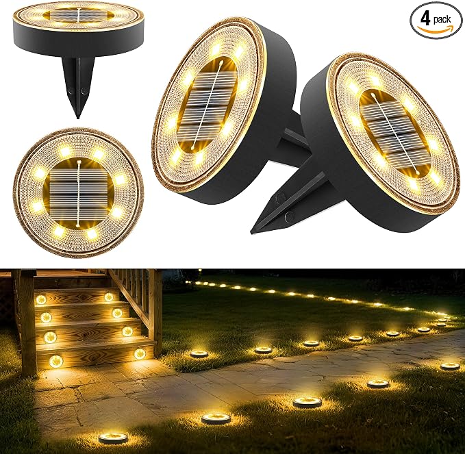 Joomer 2-in-1 Solar Lights Outdoor Waterproof, 4 Pack 8 LED, Warm White | Solar Powered Garden Lights Ground Disc Landscape Lighting for Patio Pathway Lawn Yard Driveway Walkway Deck Step
