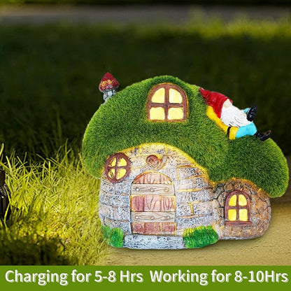 House Garden Statues with Solar Lights, LED Cute Flocked Fairy House with Gnomes Garden Figurine, Outdoor Patio Yard Lawn Decorations Gift