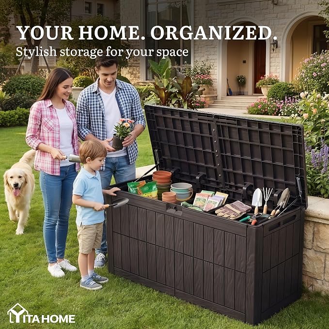 YITAHOME 110 Gallon Outdoor Deck Box | Waterproof Resin Storage Box with Lock, Lockable Patio Furniture Bin, 2-Person Bench Seating for Outdoor Cushions, Garden