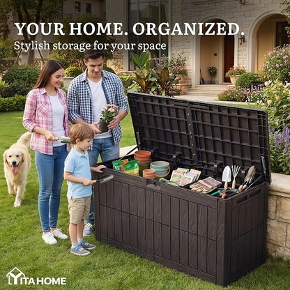 YITAHOME 110 Gallon Outdoor Deck Box | Waterproof Resin Storage Box with Lock, Lockable Patio Furniture Bin, 2-Person Bench Seating for Outdoor Cushions, Garden