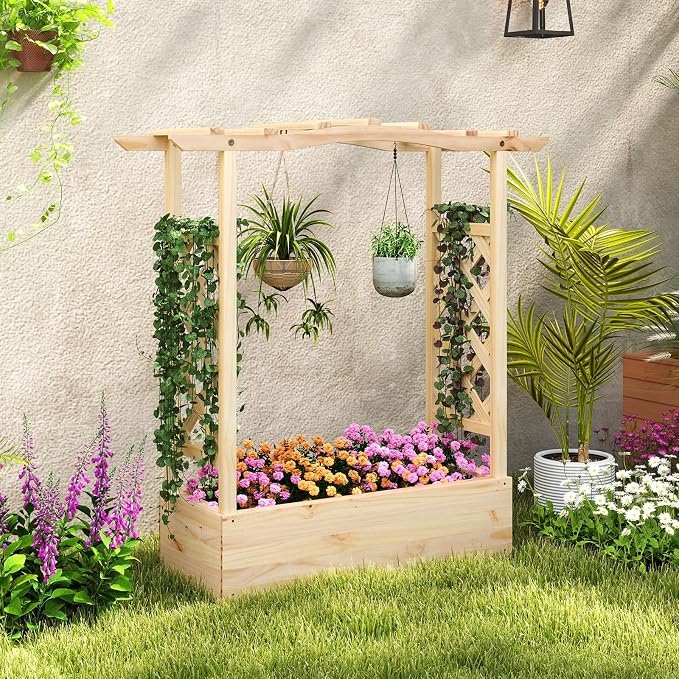 HAPPYGRILL Raised Garden Bed with Trellis, 2 Wood Planter Box w/Hanging Roof, Drainage System, Elevated Garden Box for Climbing Vine, Outdoor Planter w/Trellis for Patio Balcony, 44" x 14" x 45"