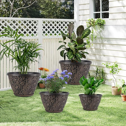 Nooulap 10 Inch Flower Pots Outdoor, Plastic Planters 4 Pack | Drainage & Trays, Indoor Outdoor, Medium Plants Pot, Home Balcony Garden Decor, Brown Vintage Flower Pattern