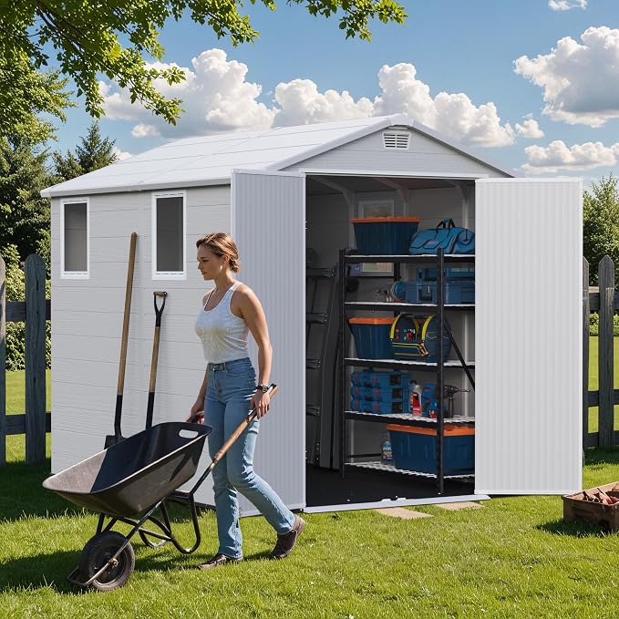 Greesum 6x8FT Plastic Outdoor Storage Shed with Floor, Resin Sheds with Lockable Double Door, Tool Sheds with Window and Vents, for Garden, Yard, Patio, Light Gray