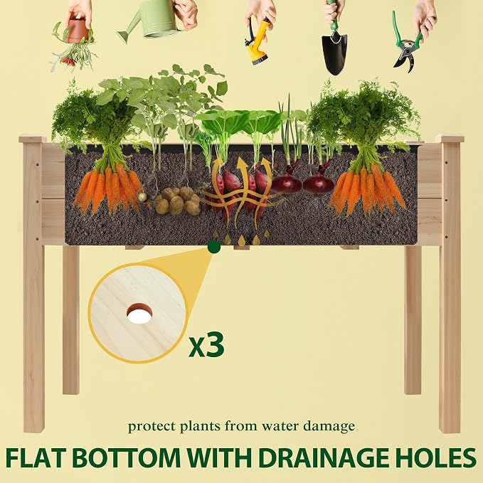 Yardenaler 48x24x30in Raised Garden Bed with Legs, Outdoor Elevated Wood Planted Box with Liner & Drainage Hole for Vegetable Flower, Backyard and Patio, Natural