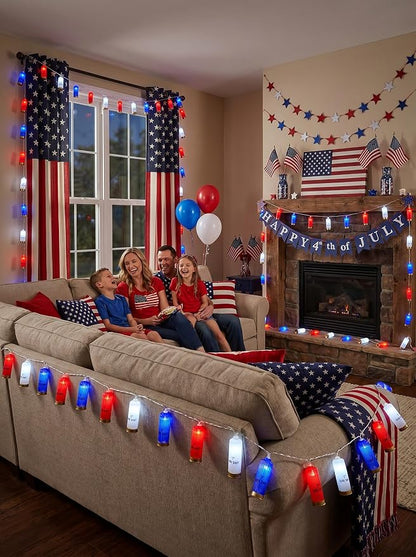 8.5Ft 4th of July String Lights, 10L LED Red White and Blue Shotgun Shell Lights Plug in for Home Classroom Porch Backyards Tree Patriotic Holiday Decorations, Indoor and Outdoor Use
