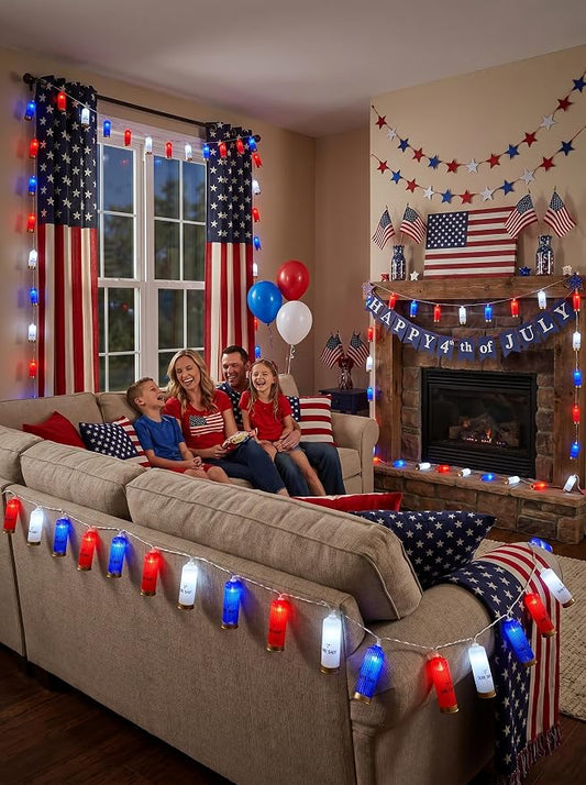 8.5Ft 4th of July String Lights, 10L LED Red White and Blue Shotgun Shell Lights Plug in for Home Classroom Porch Backyards Tree Patriotic Holiday Decorations, Indoor and Outdoor Use