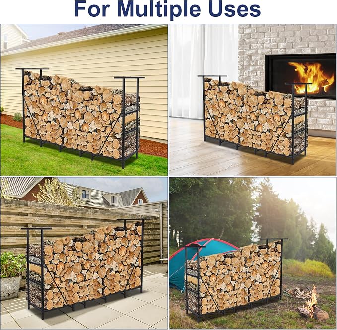 HONEST OUTFITTERS 6ft Firewood Rack Outdoor, Adjustable Heavy Duty Firewood Holder, Adjustable Wood Racks for Outdoor Indoor, Metal Log Racks for Firewood with Firewood Bag Carrier, Black