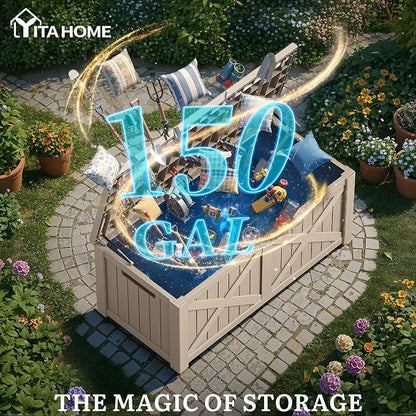 YITAHOME 150 Gallon Large Deck Box with X-Shaped Front | Resin Outdoor Storage Boxes, Waterproof Cushion Storage Bench for Patio, Pool Supplies, Garden Tools - Lockable, Taupe