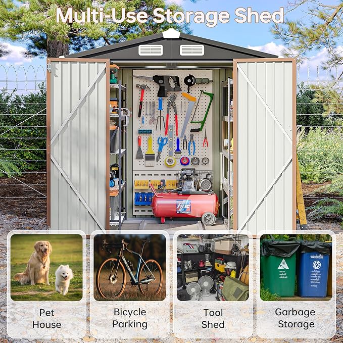 6x4FT Outdoor Storage Shed with Base Brown | Metal Garden Tool Shed with Sloping Roof & Lockable Door for Garden, Patio, Backyard