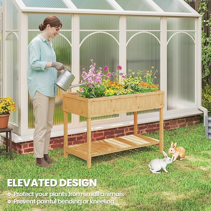 Outsunny 43x18x30in Raised Garden Bed with 8 Pockets and Shelf, Wooden Elevated Planter Box with Legs to Grow Herbs, Vegetables, and Flowers, Natural