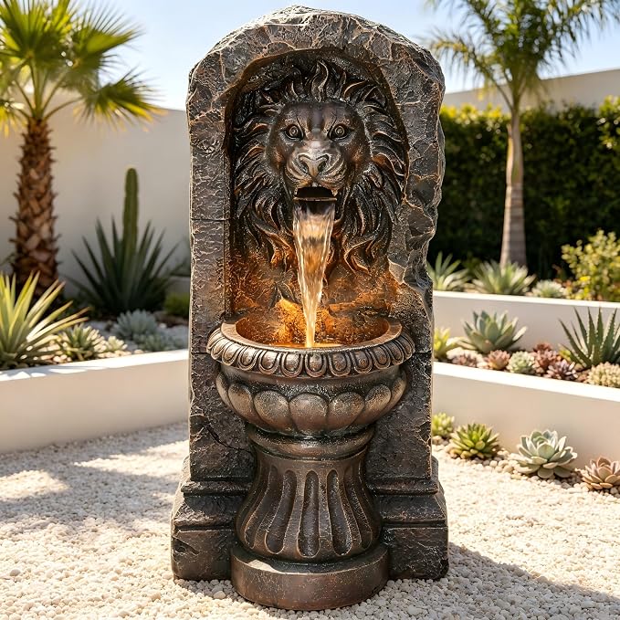 30" Lion Head Outdoor Water Fountain LED Stone Cascading Waterfall | faux granite stone texture, European courtyard, patio yard,Deck Floor Garden Decor