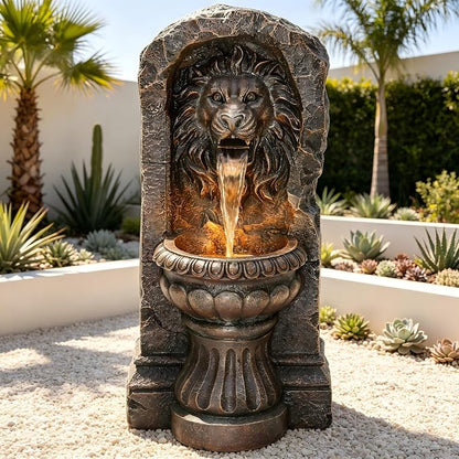 30" Lion Head Outdoor Water Fountain LED Stone Cascading Waterfall | faux granite stone texture, European courtyard, patio yard,Deck Floor Garden Decor