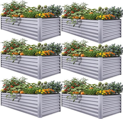 YITAHOME 6pcs 8x4x2 ft Galvanized Raised Garden Bed Kit, Large Metal Planter Box with Gloves, Safety Rubber & Support Rod, Outdoor Flower Bed for Plants Vegetables, Silver