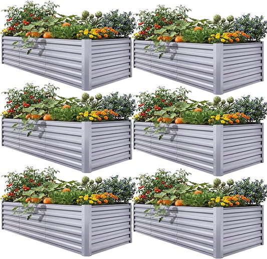 YITAHOME 6pcs 8x4x2 ft Galvanized Raised Garden Bed Kit, Large Metal Planter Box with Gloves, Safety Rubber & Support Rod, Outdoor Flower Bed for Plants Vegetables, Silver