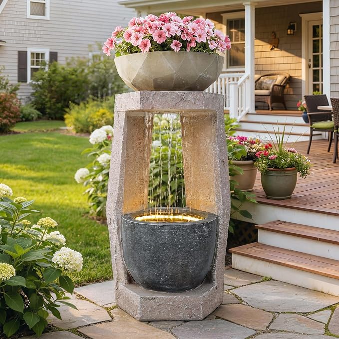 32" Modern Geometric Outdoor Fountain with Birdfeeder | Two Bowls Water Feature with LED Lights, Resin Soothing Cascading Waterfall for Patio, Backyard, Garden or Porch