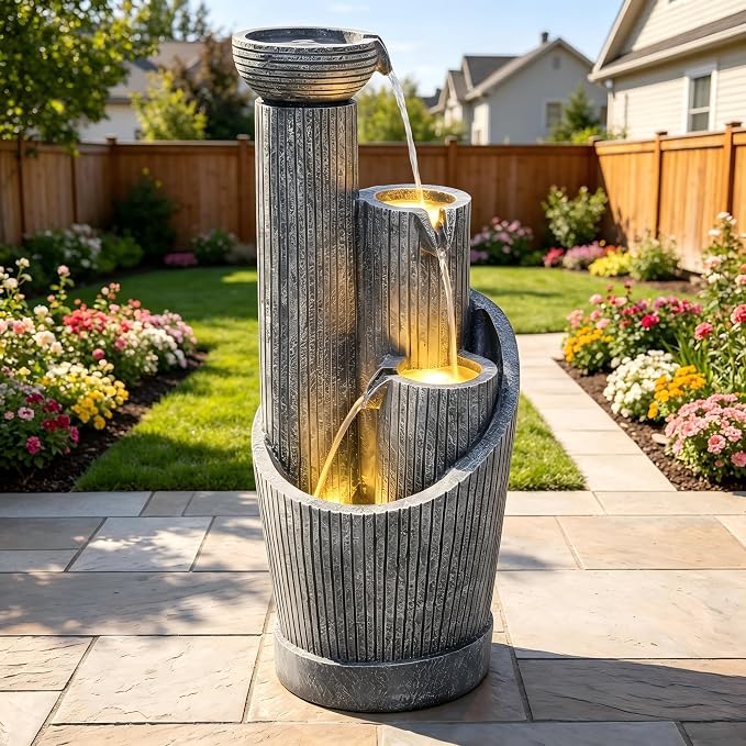 AUTODAYA 31" 5-Tier Twist Pedestal Outdoor Fountain LED Cascading Waterfall | geometric twist Pedestal Bowl design, fluted texture, patio garden, Backyard, Deck, or Porch