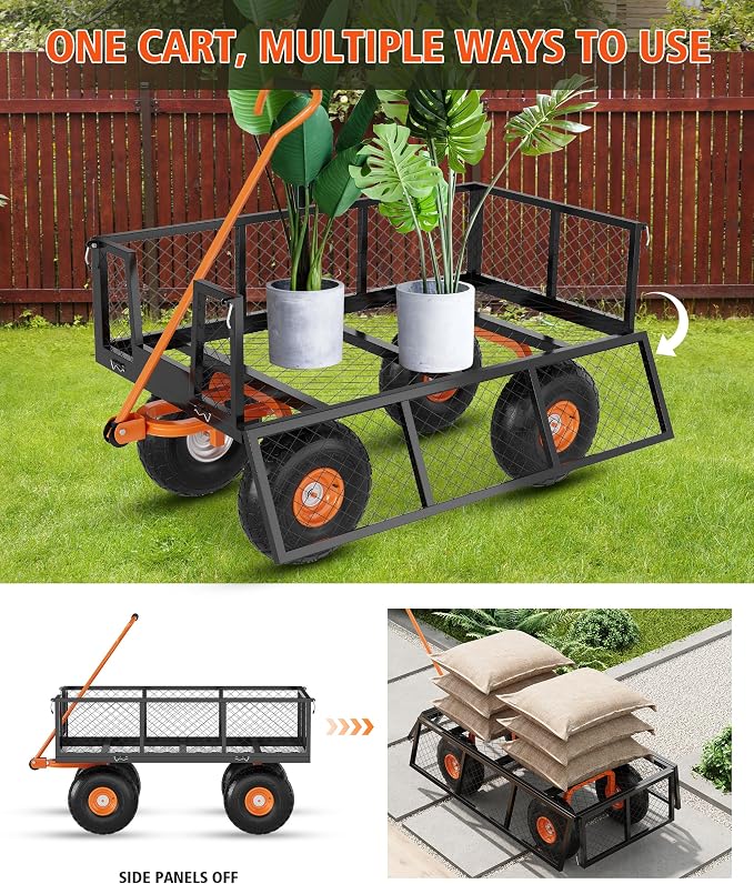 Garvee Steel Garden Cart, 500 LBS Capacity Utility Outdoor Wagon, Heavy Duty Mesh Garden Metal Wagon with Removable Sides, Flexible Handle and 10" Tires for Yard, Lawn, Garden