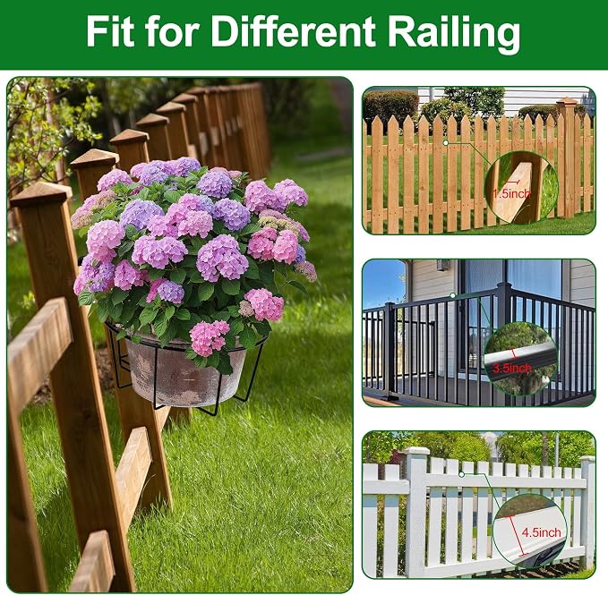 Adjustable Hanging Railing Planter, 3 Pack Fit 1.5 to 4.5 Inches Railing, Weather-Resistant Metal Balcony Rail Planters, Work for Outdoor Fence Deck Garden Patio Halloween Christmas Decor