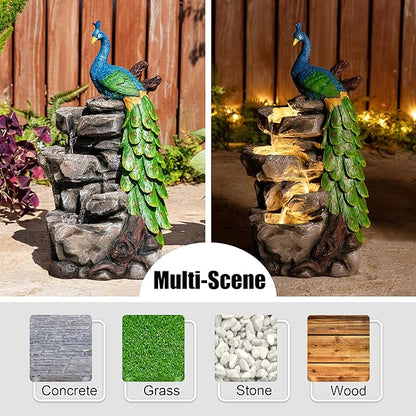 Glitzhome Outdoor Water Fountain with Lights, 4-Tierd Peacock W/Stacked Stone Outdoor Fountain, 20.5" H Polyresin Decorative Waterfall Feature Garden Fountain with Pump for Garden, Patio, Porch