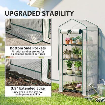 Outsunny 4 Tier Mini Greenhouse with Screen Roof, 27.6" x 19.7" x 62.2", Portable Small Greenhouse with High Strength PE Cover, Roll-Up Zipper Door for Garden Yard Backyard, White
