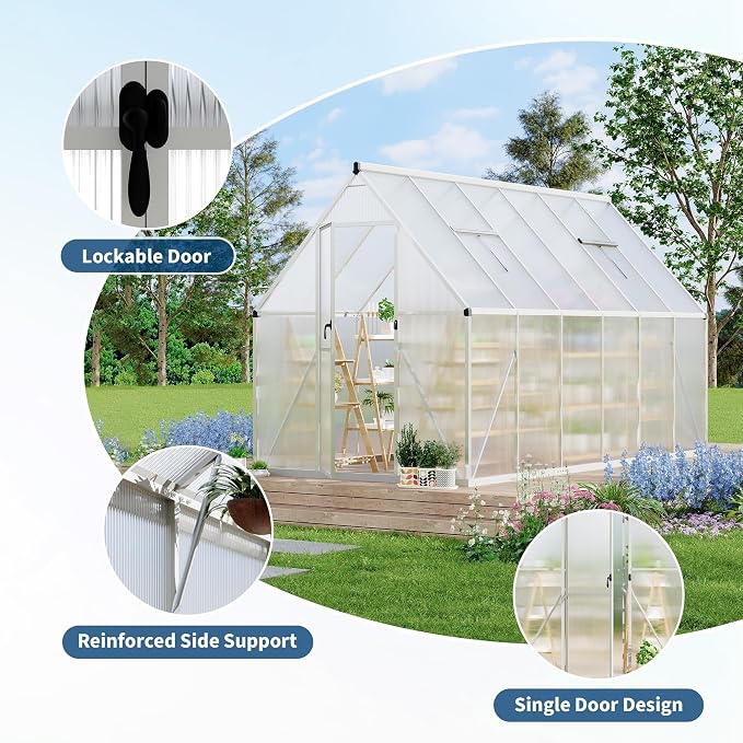 CABIHOME 6X 11 FT Outdoor Greenhouse, Polycarbonate Greenhouse with Roof Vent and Ground Nails, Aluminum Large Walk-in Green House w/ Lockable Push Door for Outdoor Garden (Sliver, 6x11 FT)