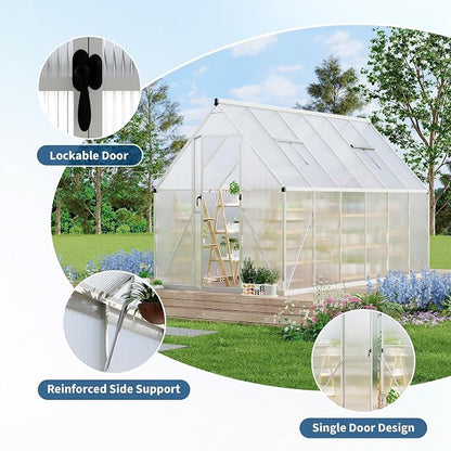 CABIHOME 6X 11 FT Outdoor Greenhouse, Polycarbonate Greenhouse with Roof Vent and Ground Nails, Aluminum Large Walk-in Green House w/ Lockable Push Door for Outdoor Garden (Sliver, 6x11 FT)