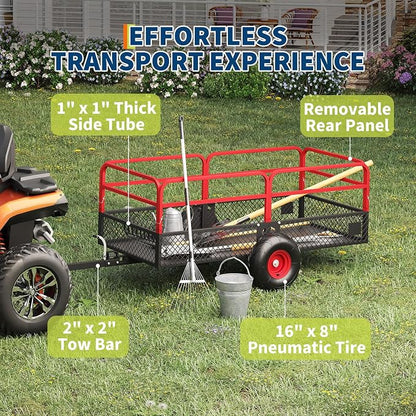 PeakPursuit Tow Behind Steel Dump Cart, Heavy Duty Yard Garden Trailer with Removable Sides & All Terrain Tires, Fits Lawn Mower, Tractor, Garden Cart, 1600 lbs 22 Cubic Feet, Red