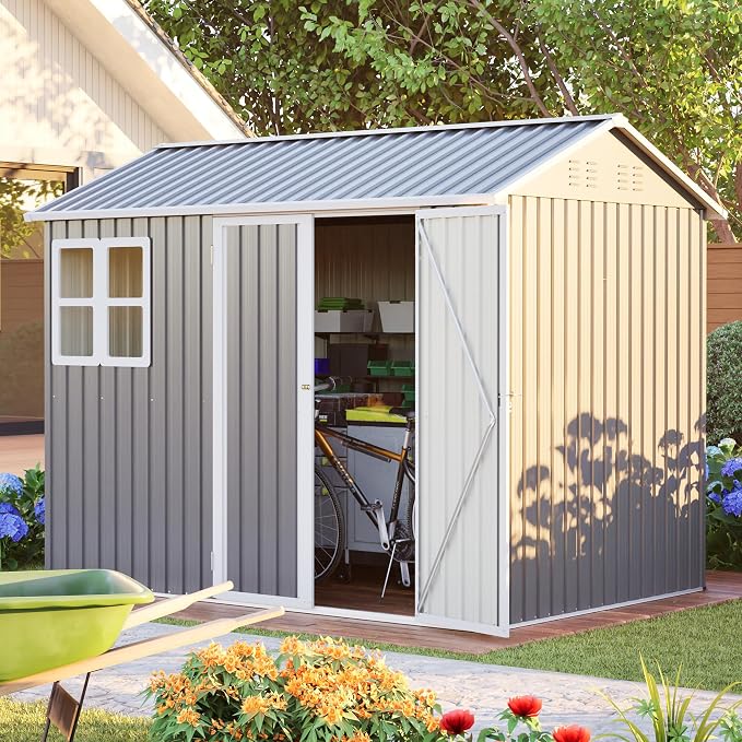 YOPTO 8X6 FT Metal Outdoor Storage Shed W/Window,Dark Gray | Heavy Duty Outdoor Shed W/ Lockable Doors & Sloped Roof,All Weather Waterproof for Garden,Patio,Backyard,Lawn