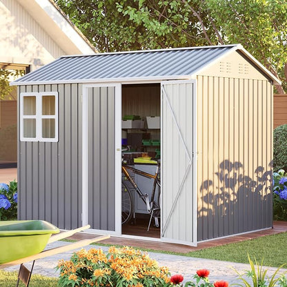 YOPTO 8X6 FT Metal Outdoor Storage Shed W/Window,Dark Gray | Heavy Duty Outdoor Shed W/ Lockable Doors & Sloped Roof,All Weather Waterproof for Garden,Patio,Backyard,Lawn