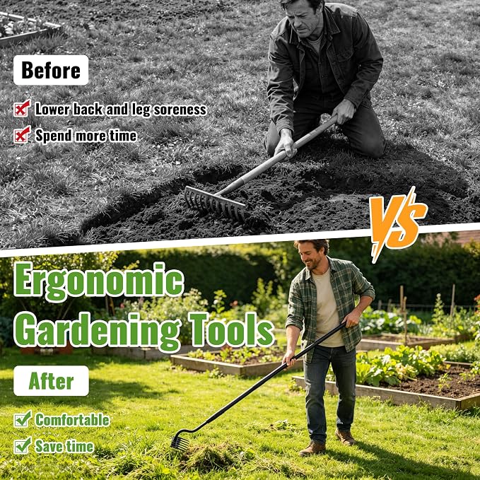 Weeding Rake Long Handle,70 Inch Heavy Duty Metal Manual Weeder Tool for Weeding Loosening Soil Cultivating Weed Puller Tool for Lawn, Garden Beds 6 Teeth Weed Removal Tool for Women and Seniors