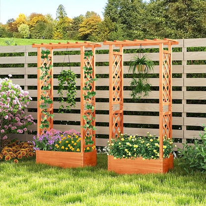 HAPPYGRILL Raised Garden Bed with Trellis, 2 Pack Wood Elevated Garden Bed with Hanging Roof, Planter Box, Drainage Holes for Climbing Plants, Flowers, Vegetables, 31" L x 14" W x 60" H