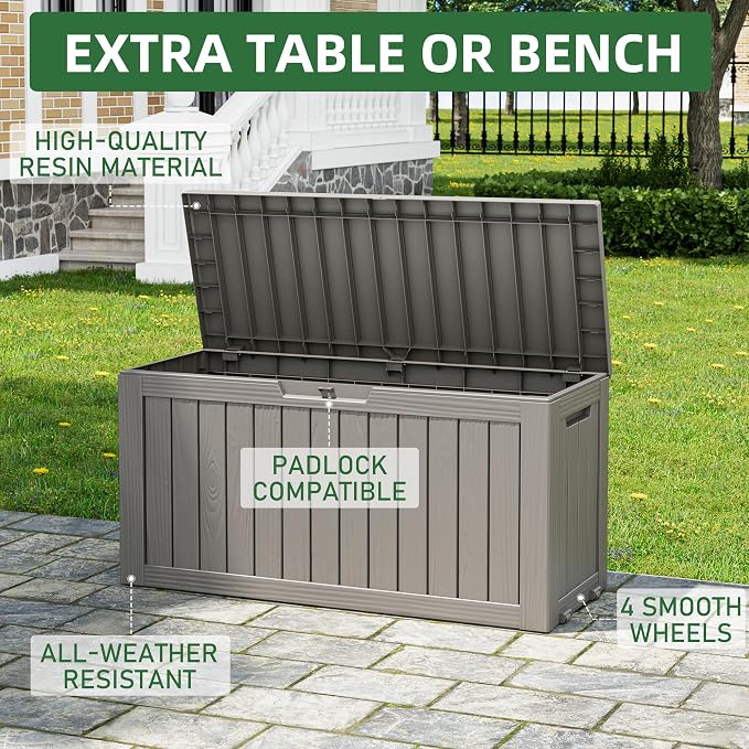 Outdoor Storage Box, 80 Gallon Resin Waterproof Deck Box with 4 Wheels and Lockable Lid for Patio Furniture, Outdoor Cushions, Garden Tools, Grey