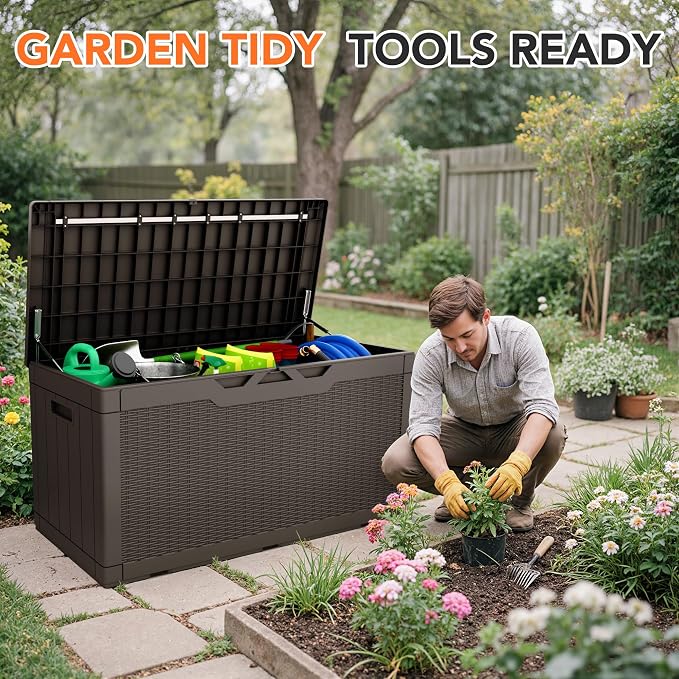 105 Gallon Deck Box Outdoor Indoor Waterproof Storage Box for Patio Furniture, Pool Accessories, Garden Tools, and Cushion Storage, Brown