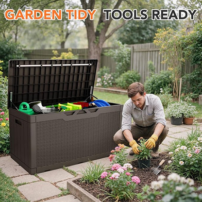 105 Gallon Deck Box Outdoor Indoor Waterproof Storage Box for Patio Furniture, Pool Accessories, Garden Tools, and Cushion Storage, Brown
