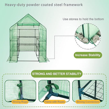 SUNGIFT Walk-in Greenhouse for Outdoors, 57x61x80 Inch Large Greenhouse, 3 Tiers 10 Shelves Mini Green House Kit with Observation Windows Roll-up Door Zipper, Plant Garden Hot House for Herbs, Flowers