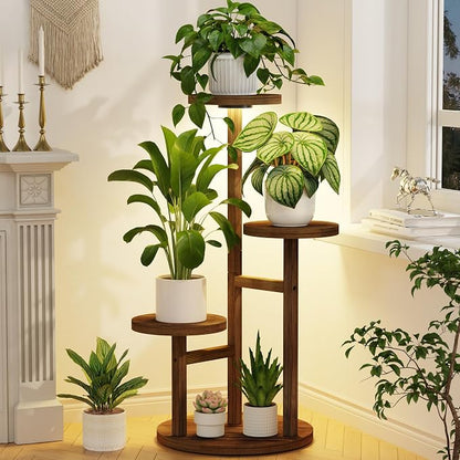 LASZOLA 3 Tiered Wood Plant Stand Indoor Corner with Grow Lights, Flower Holder Rack Tall for Multiple Plants, Rustic Planter Shelf Display for Patio Garden Balcony Living Room, Brown