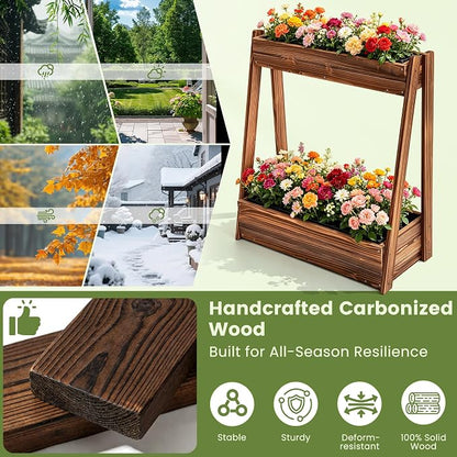 36" 2-Tier Fir Wood Elevated Raised Garden Bed | Fir wood tiered planter with 23" vertical growing space, drainage holes, liner, and no-bend height for patio or balcony