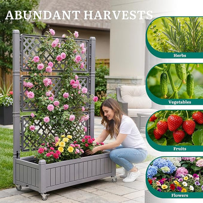 YITAHOME 43.3x17.7x61 in Planter Boxes Outdoor with Trellis, Resin Raised Garden Bed with Wheels & Drain Plug for Climbing Plants, Weather-Resistant Design Elevated Garden Bed with Trellis, Brown