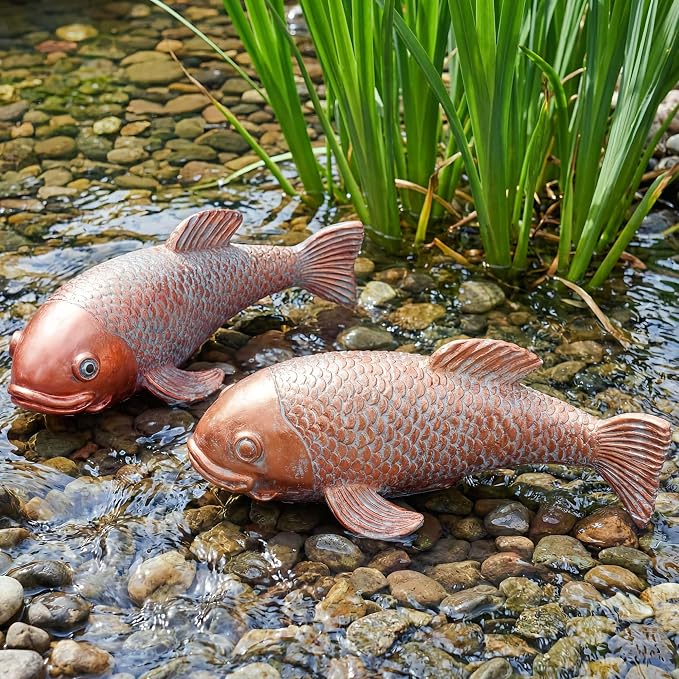 Koi Fish Decor, Set of 2 Antique Koi Garden Statues Art, Pond Accessories, Yard Pond Decor, Large Outdoor Garden Statues Ornaments, Real Fish Sculpture Art (10.8")