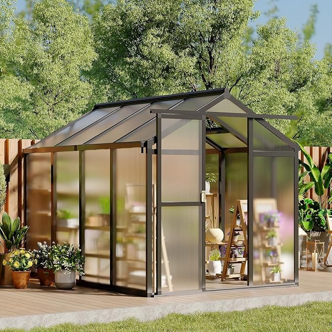 Greenhouse, 6x8 Ft Outdoor Greenhouses, Greenhouse Kit, Portablee Greenhouses with Ground Nails and Vent Windows, Sliding Lockable Door, Polycarbonate Green Houses for Outside Garden Backyard, Black