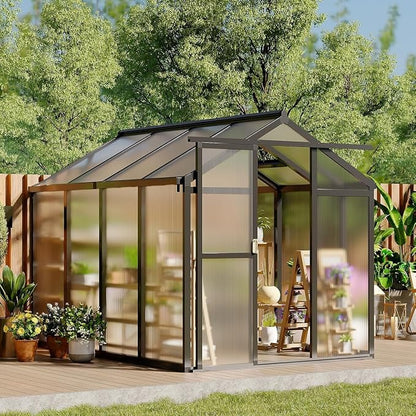 Greenhouse, 6x8 Ft Outdoor Greenhouses, Greenhouse Kit, Portablee Greenhouses with Ground Nails and Vent Windows, Sliding Lockable Door, Polycarbonate Green Houses for Outside Garden Backyard, Black