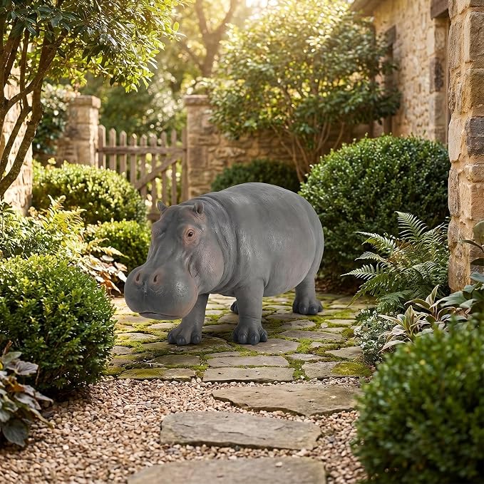 27.56" Large Weather Resistant Hippopotamus Garden Statue, Realistic Resin Hippo Wildlife Sculpture, Outdoor Decor for Lawn Yard Patio Pond Landscaping