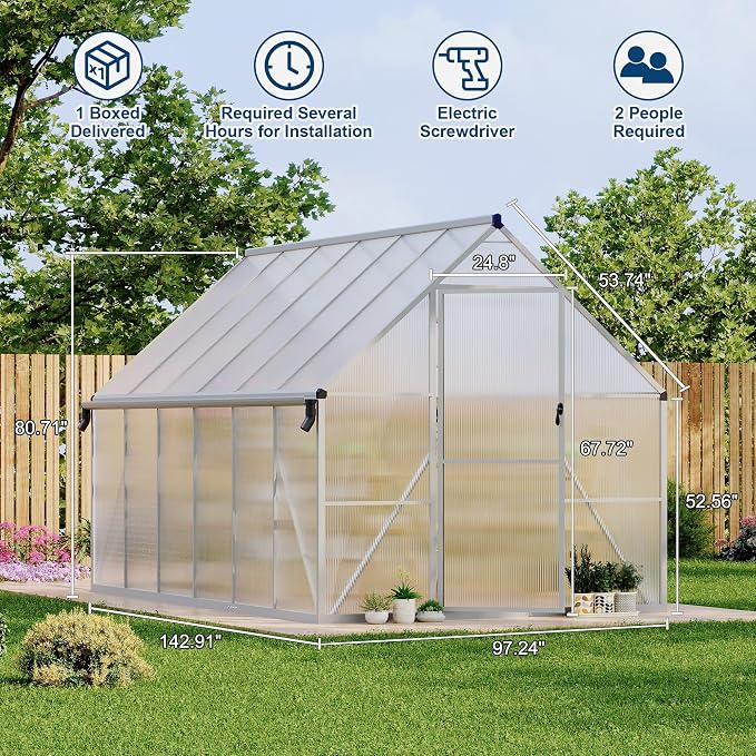 GarveeLife 8X12FT Polycarbonate Greenhouse with Aluminum Frame, Polycarbonate Greenhouse for Outdoors, Greenhouses with Ventilation and Rain Gutter, Aluminum Large Walk-in Greenhouses for Outside