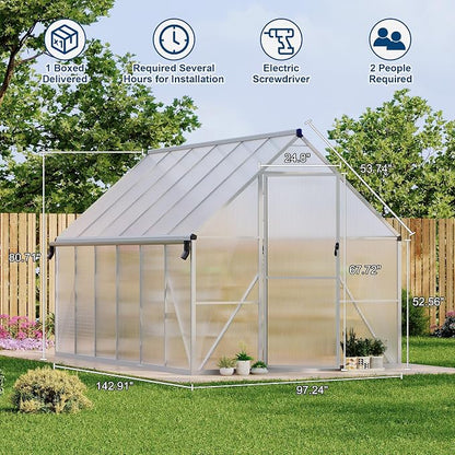 GarveeLife 8X12FT Polycarbonate Greenhouse with Aluminum Frame, Polycarbonate Greenhouse for Outdoors, Greenhouses with Ventilation and Rain Gutter, Aluminum Large Walk-in Greenhouses for Outside
