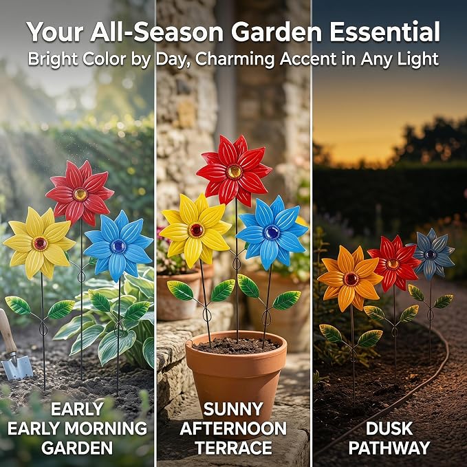 3-Pack Metal Flower Garden Stakes, 16 Inch Weatherproof Floral Yard Art, Vibrant Yellow Red Blue Outdoor Decor for Patio, Lawn & Planter